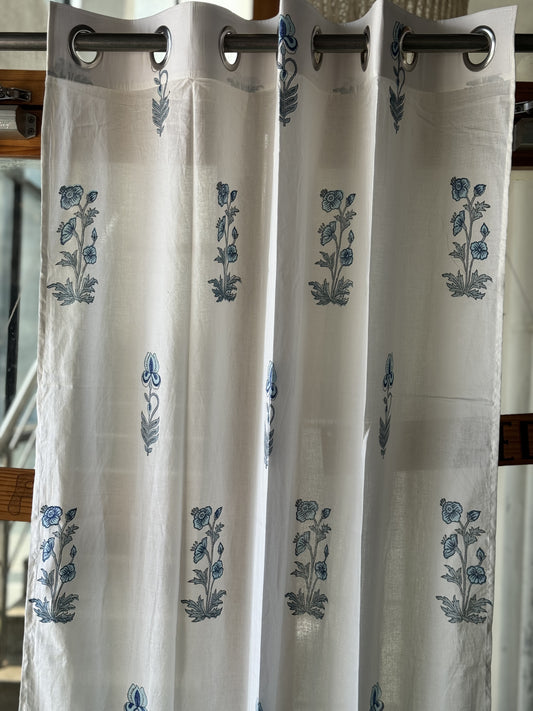 White with blue hand block printed cotton 7 feet door length curtain