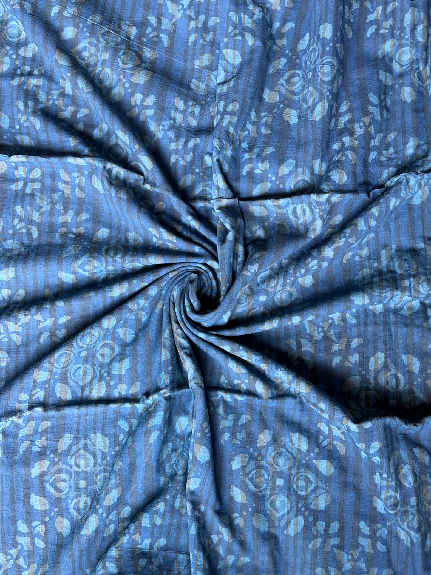 Blue flowers hand block printed cotton fabric - double dabu print