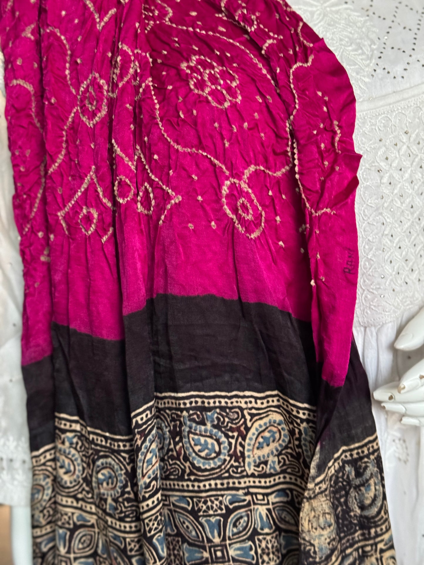 Ajrakh bandini tie dye gajji silk dupatta - fine Bandhej with hand block Ajrakh