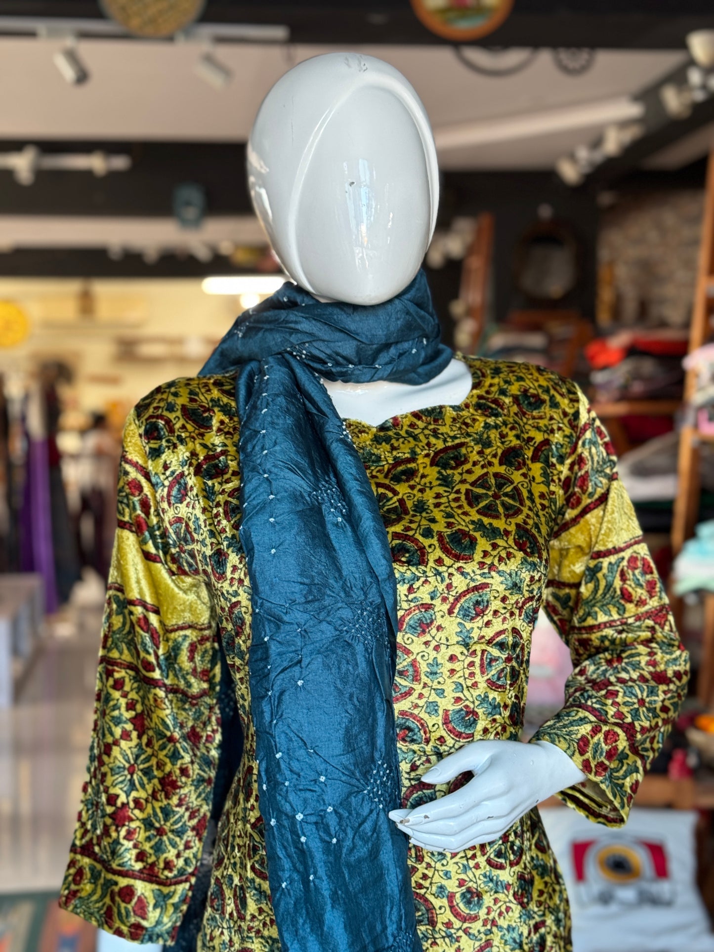 Yellow velvet straight kurti with Ajrakh hand block prints and long sleeves