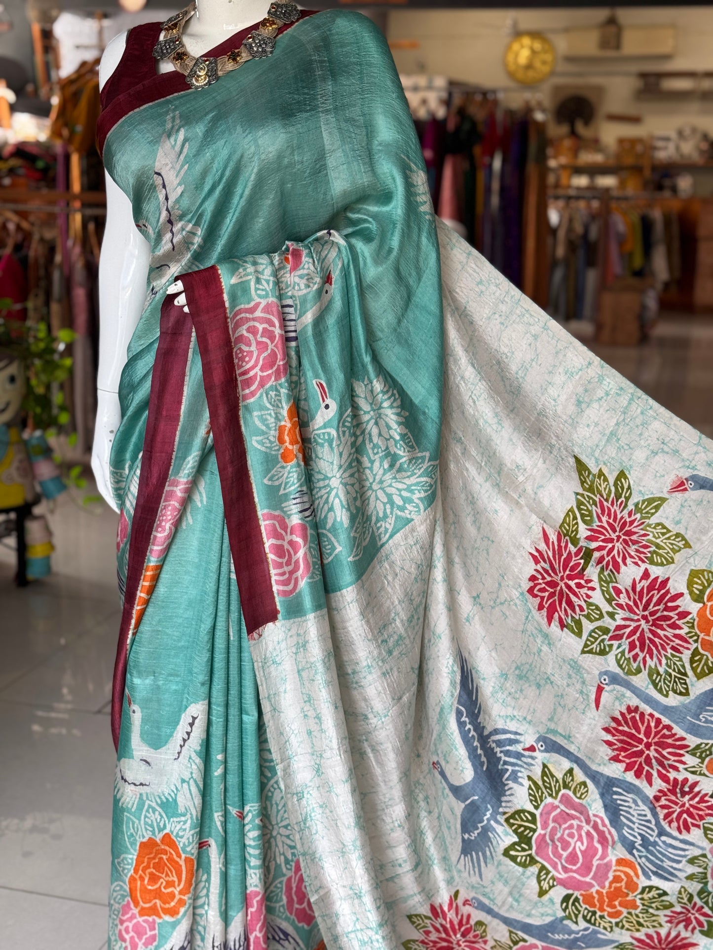 Sea green birds and flowers hand painted Batik pure soft katan silk saree