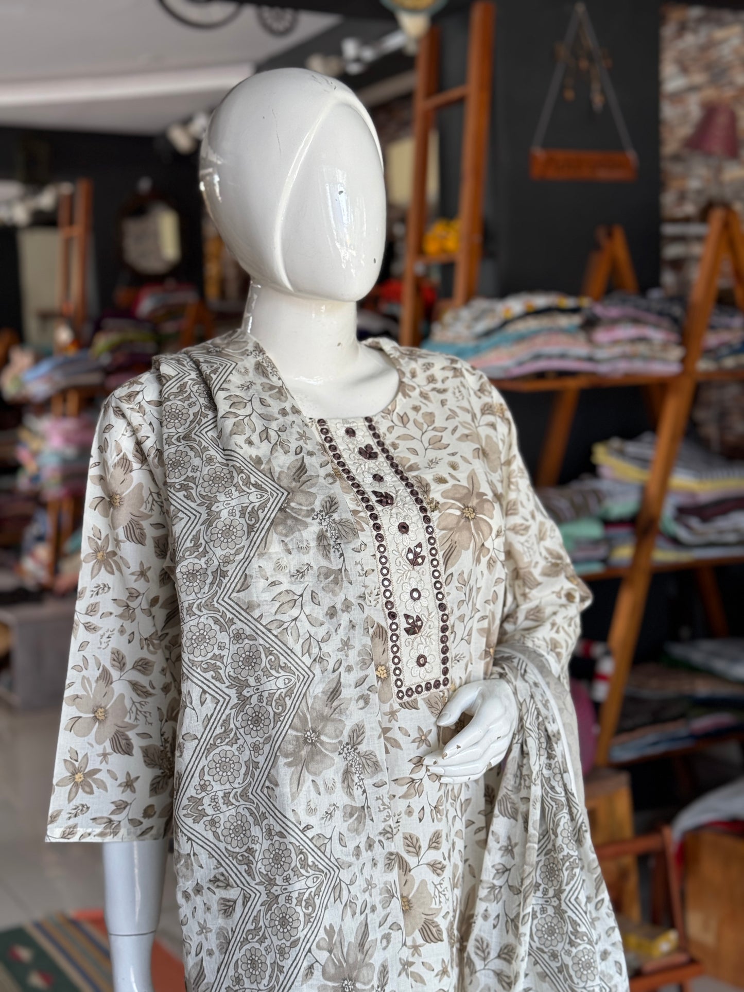 Brown floral on off white base - plus size cotton embroidered straight kurti, pants and dupatta - 3 piece suit set - multiple sizes available