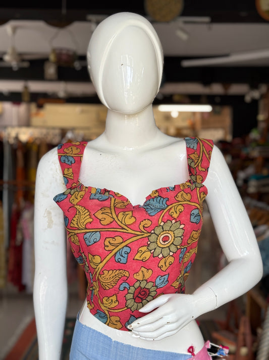Pen kalamkari hand painted sleeveless cotton blouse with lining - multiple colors and designs available