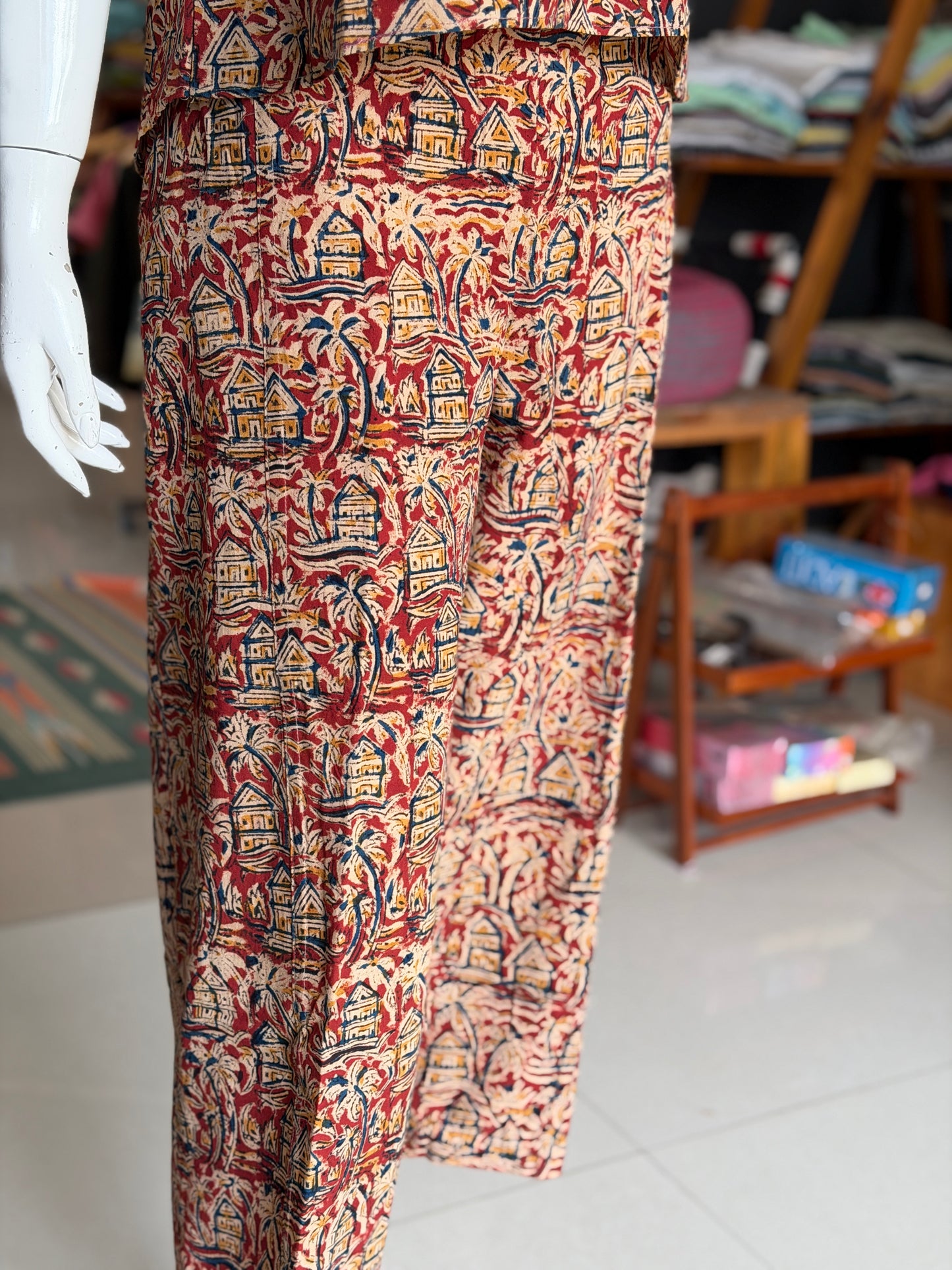 Maroon Kalamkari cotton coord set, high low top with pants - houses n trees handblock printed cotton