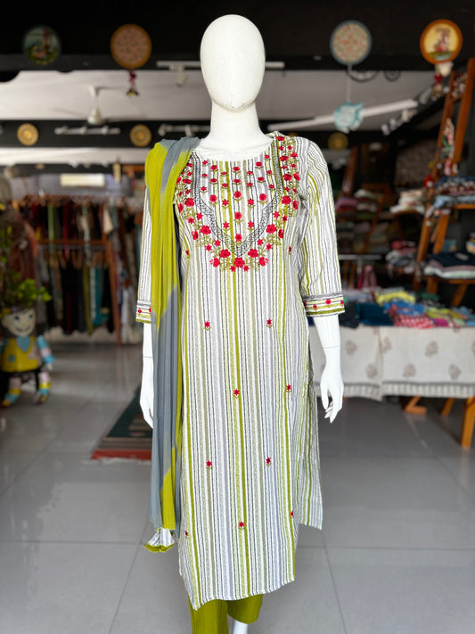 Green and grey stripes print cotton straight Kurti, pants and dupatta set - with embroidery on yoke