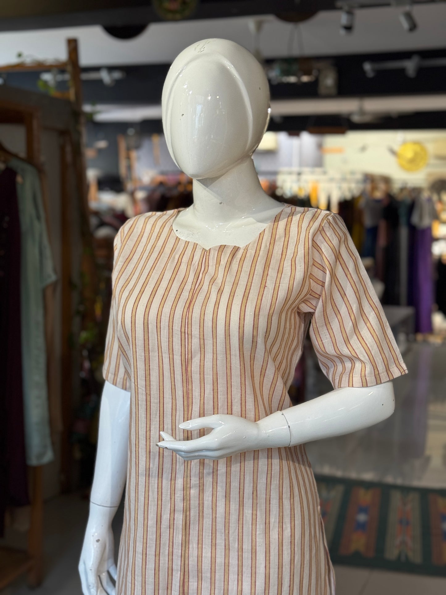 Yellow off white stripes straight kurti - hand spun, handwoven, natural dyed cotton straight kurti