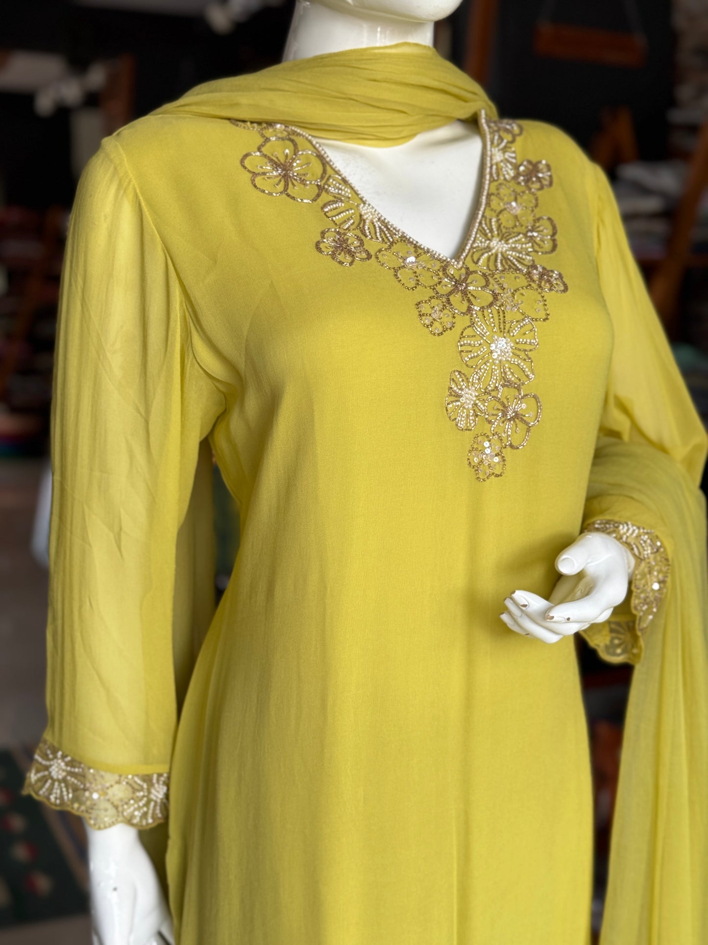 Soft georgette hand embroidered long sleeves kurti, georgette plazo and dupatta - 3 piece set - color options available