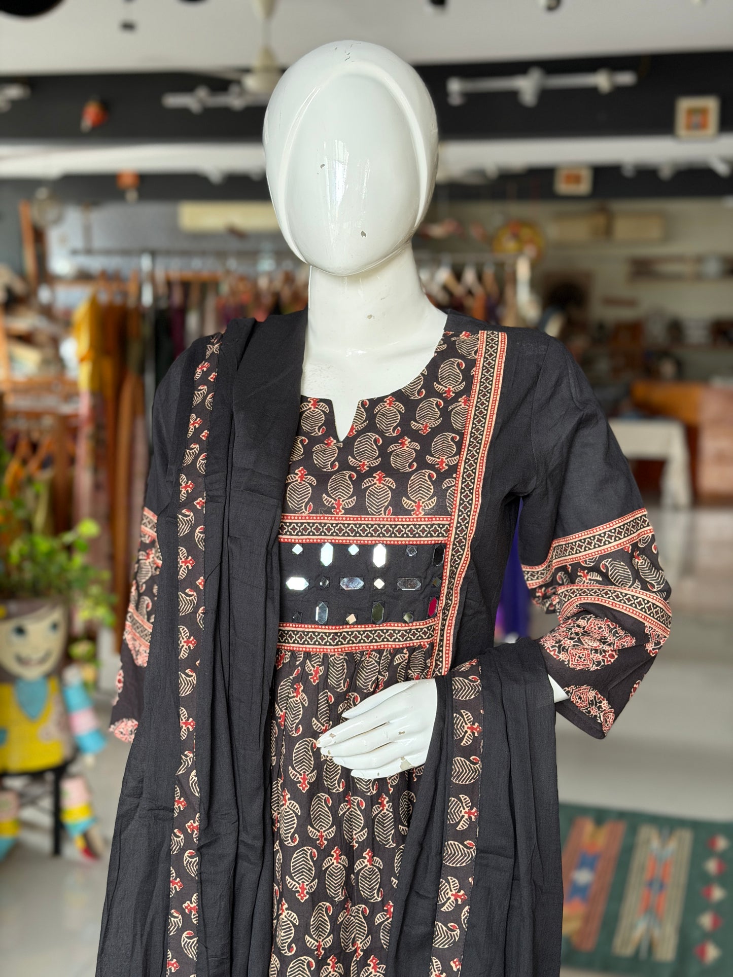 Black patch work flared mirror work kurti, pants and dupatta - 3 piece set