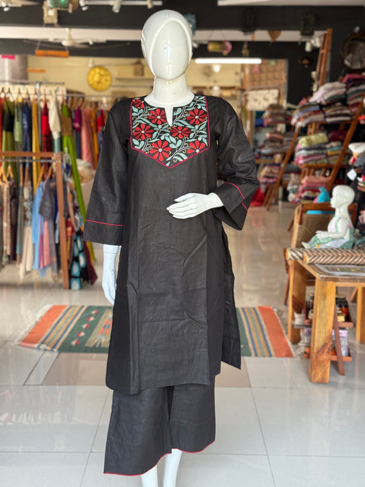 Black hand embroidered cotton kurta n pants - 2 piece coord set