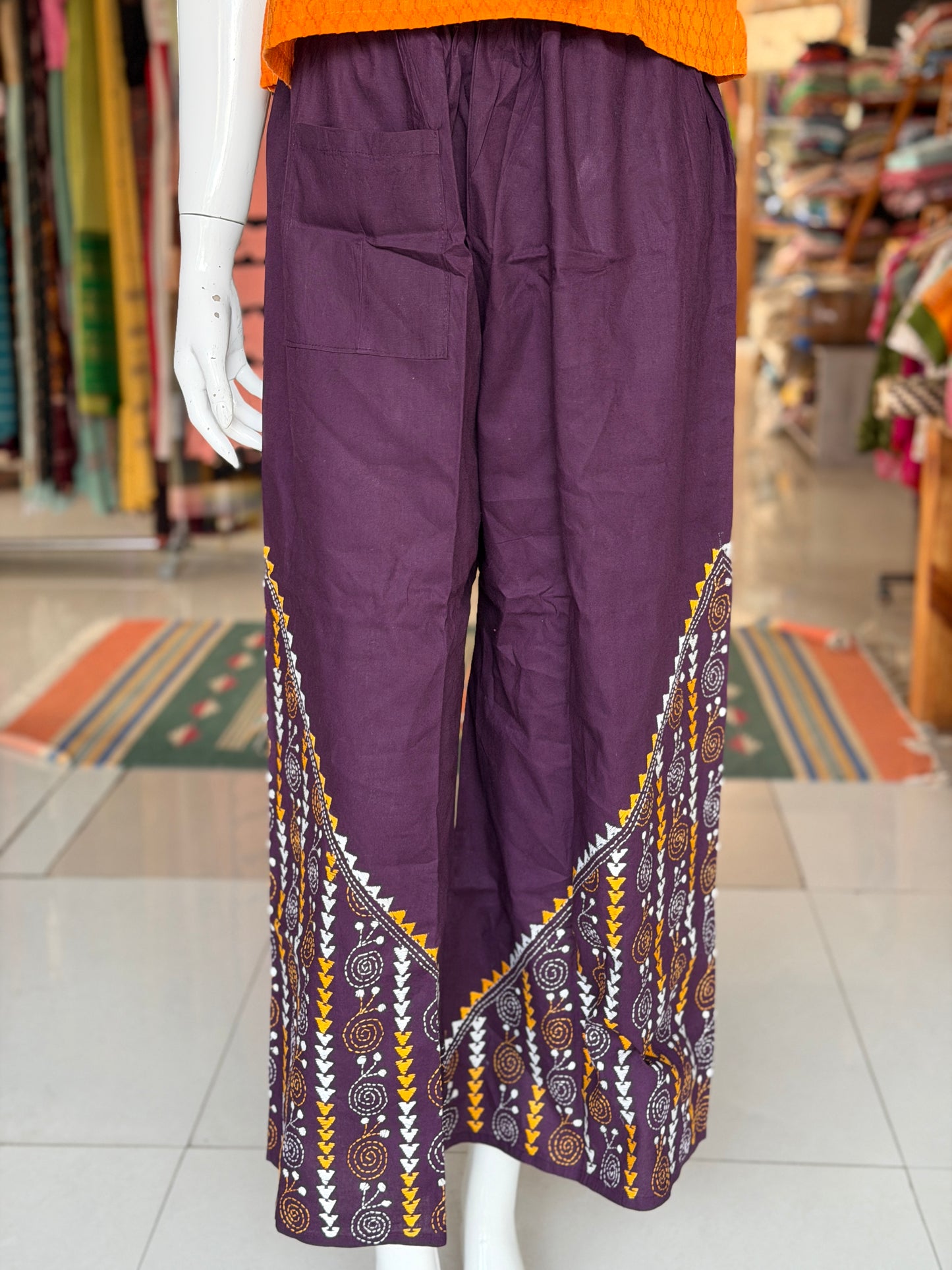 Kantha hand embroidered cotton poplin free size plazo with front pocket