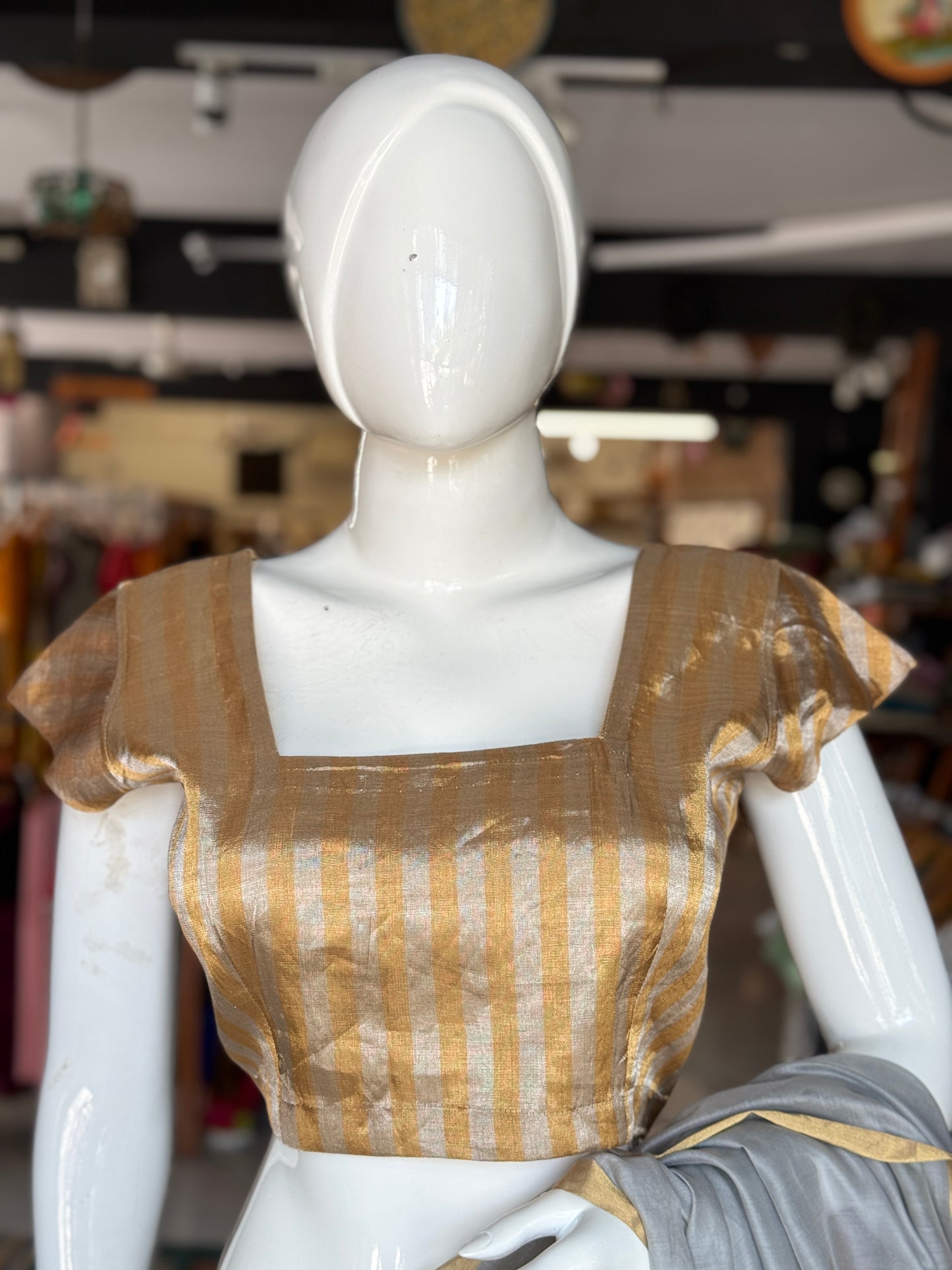 Gold n Silver stripes tissue silk Chanderi handloom blouse with square neckline and short sleeves