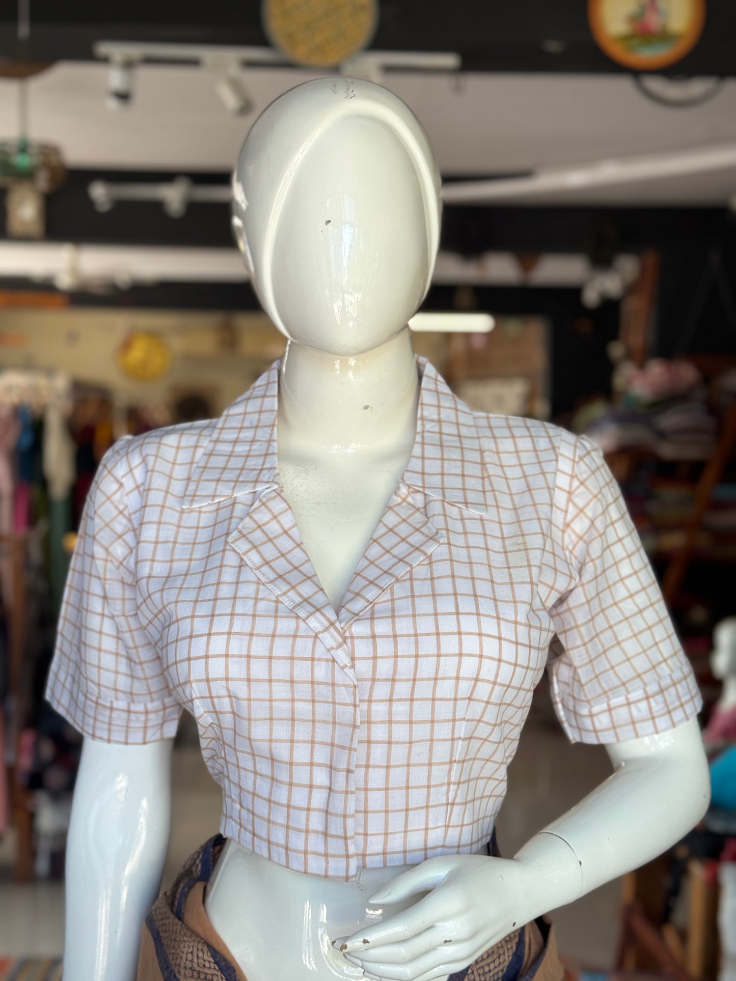 White with brown checks collared handloom cotton front open blouse