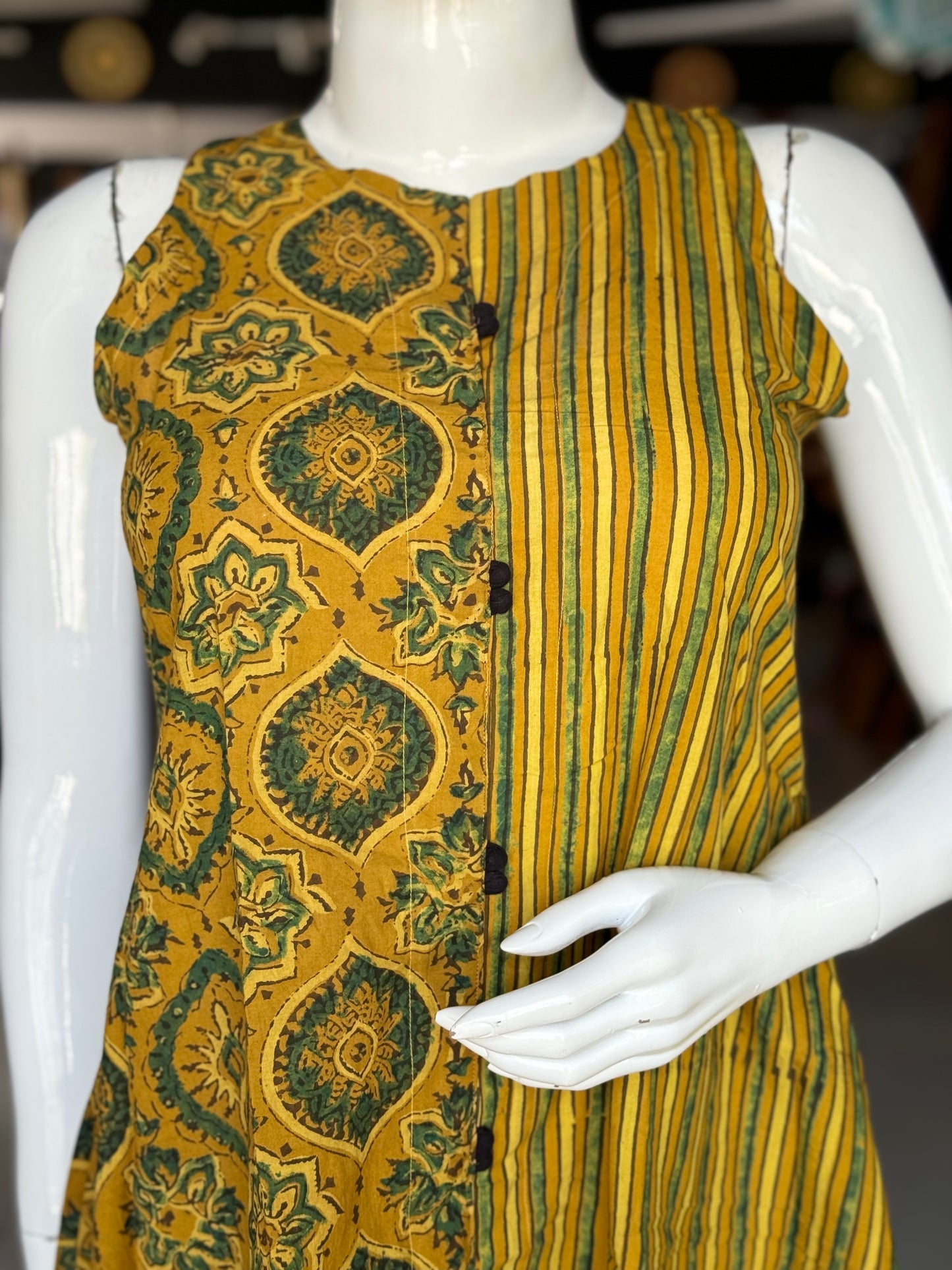 Mustard cotton sleeveless dress with Ajrakh hand block prints