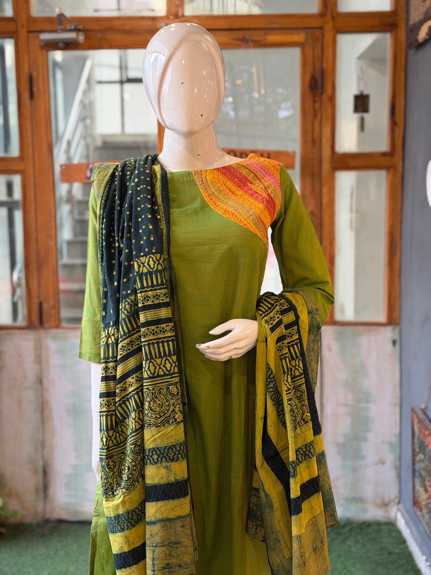 Green and yellow Ajrakh hand block printed cotton dupatta
