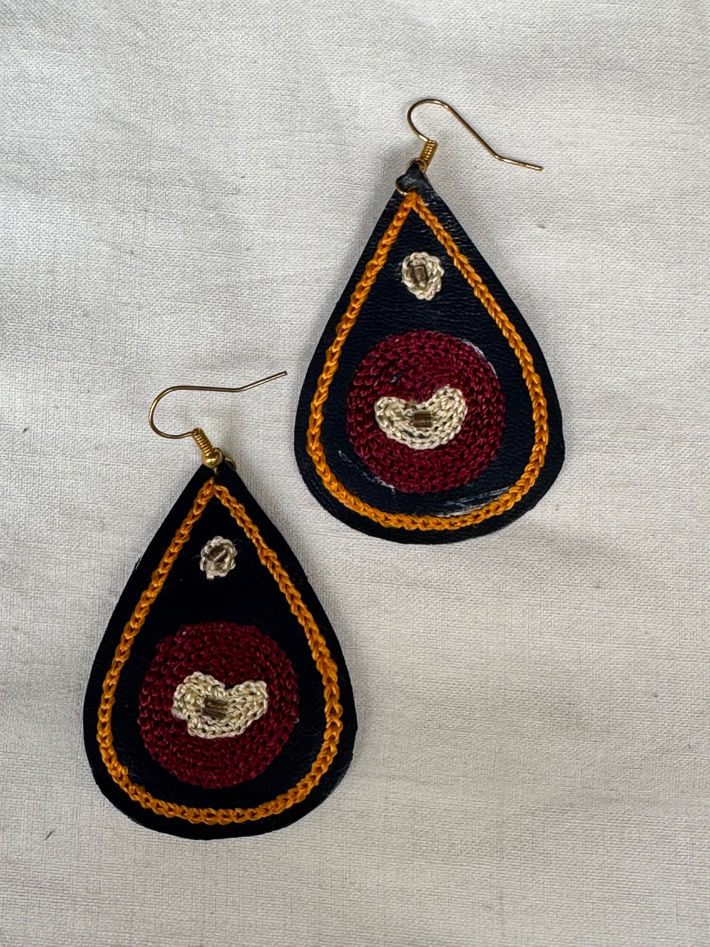 Leather with hand embroidery light weight earrings - shapes, designs and color choice available