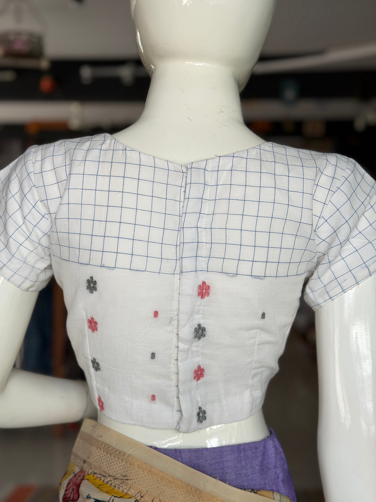 White n blue checks hand woven cotton Jamdani blouse with short sleeves