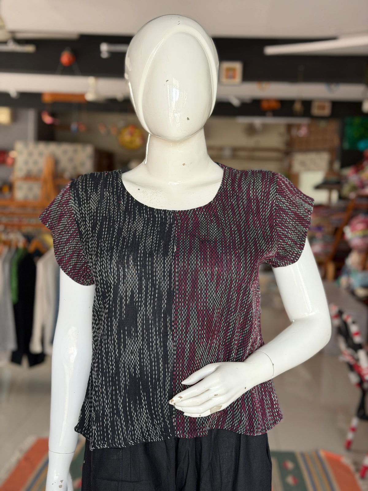 Maroon n black - hand spun, handwoven cotton top with woven thread kantha