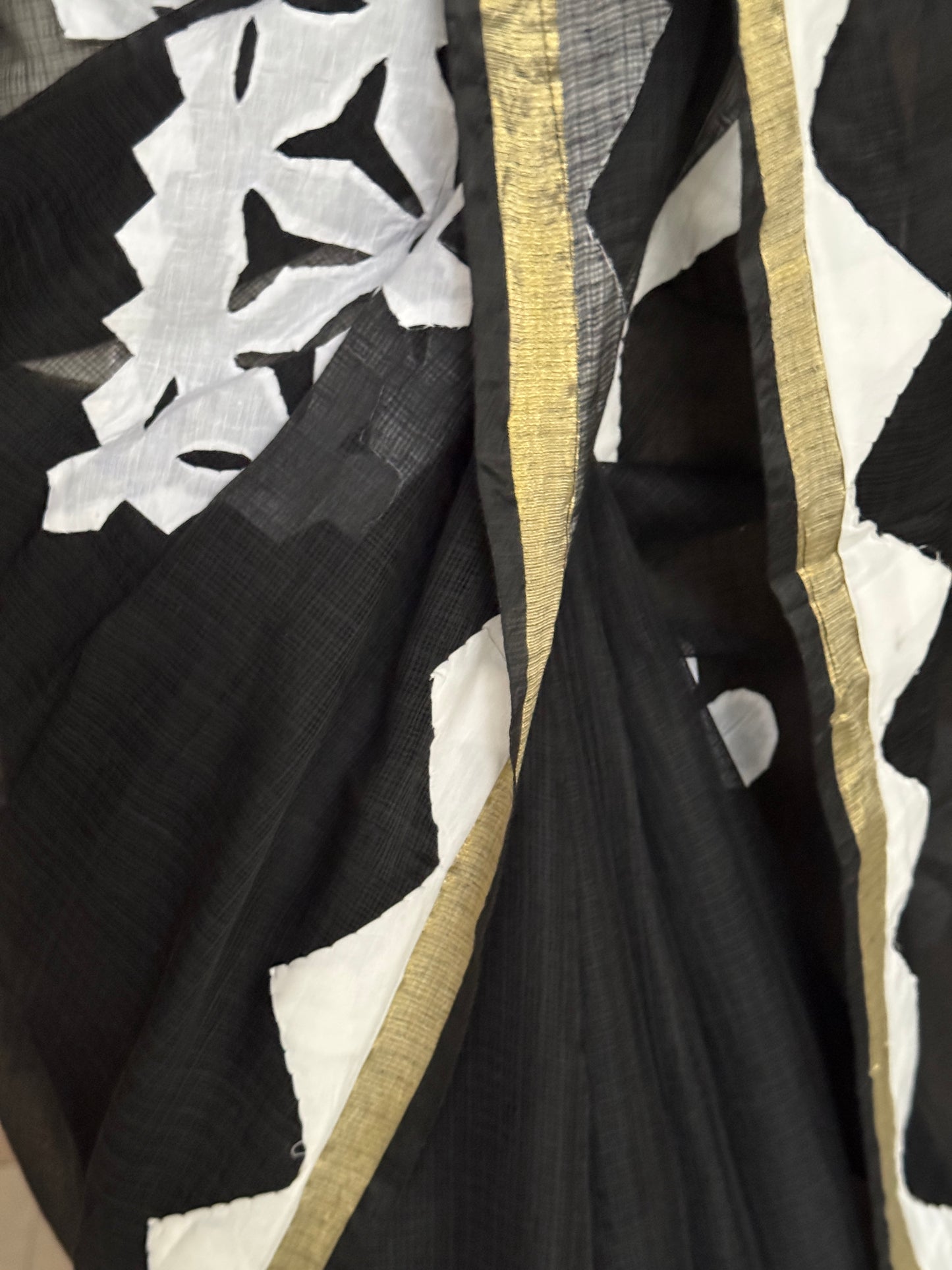 Black soft kota cotton saree with white flowers Applique patches