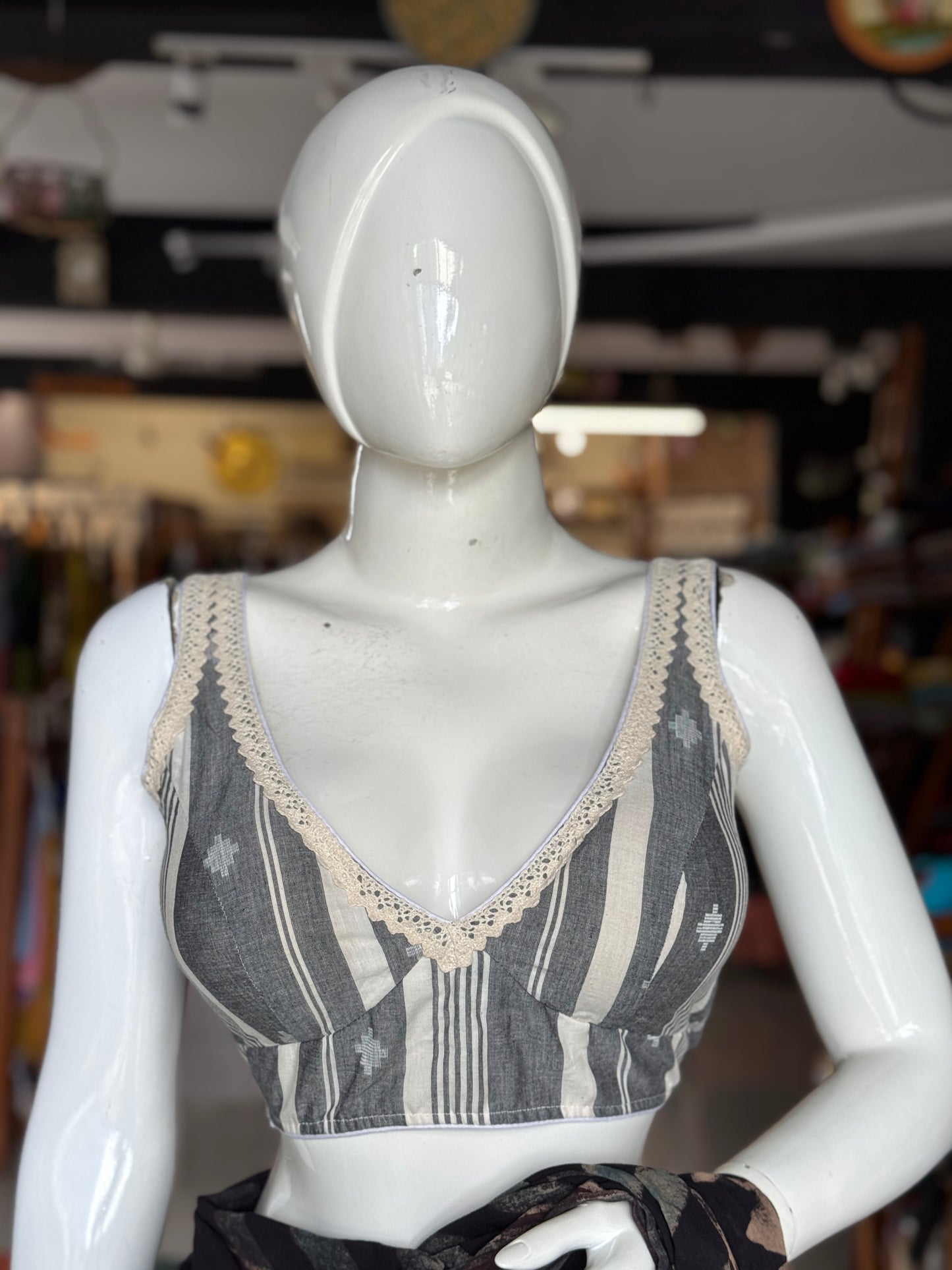 Padded sleeveless cotton blouse with lace trims - black / grey