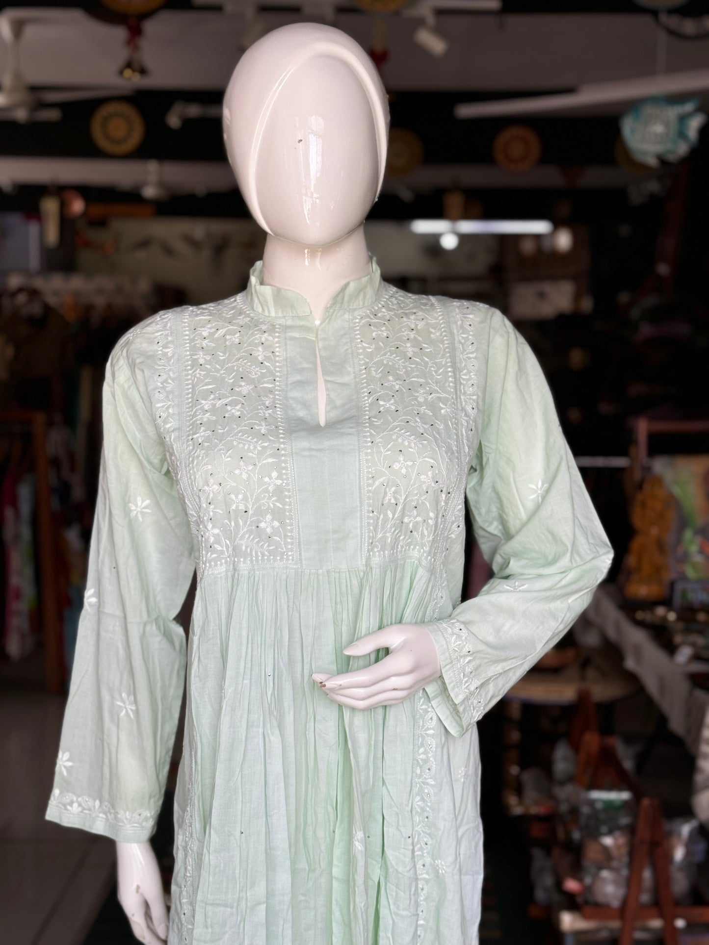 Mint green chikankari hand embroidered kurta / dress