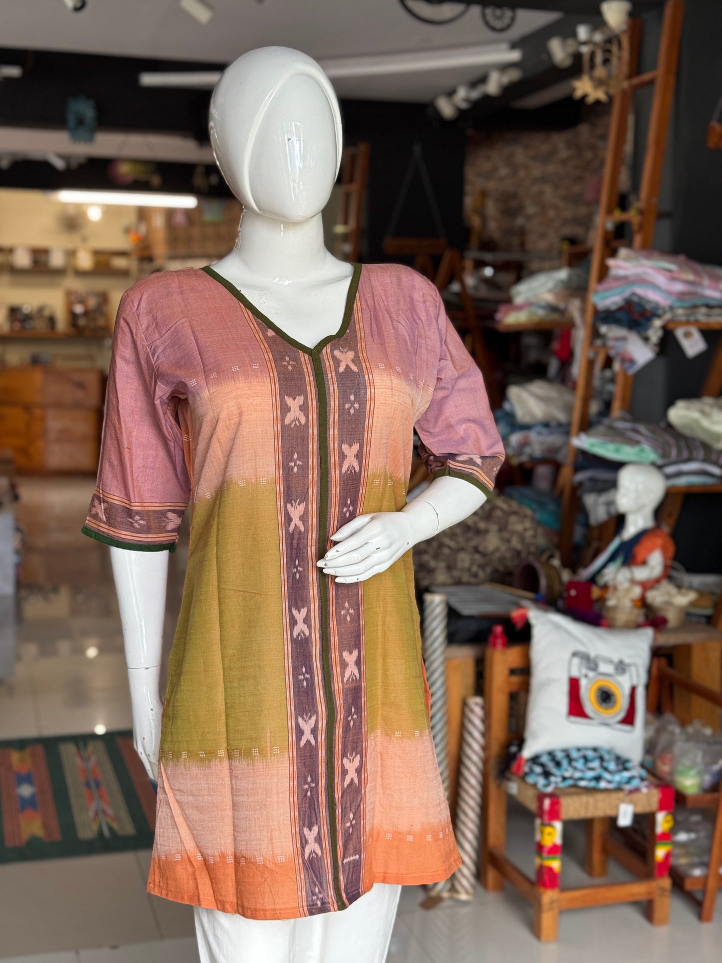 Orange mauve cotton handloom soft ikat kurti with butterflies border