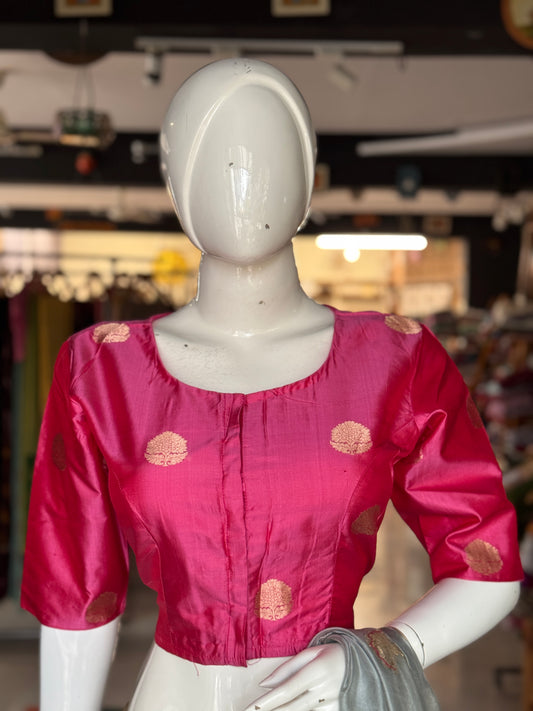 Pink hand woven pure silk blouse with butis - front open, with lining