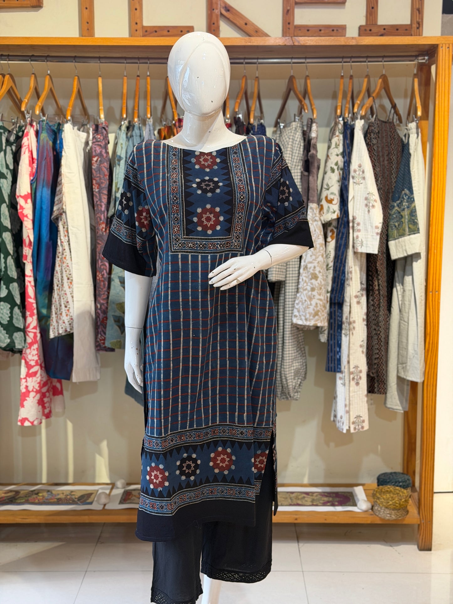 Indigo stripes Ajrakh hand block printed cotton straight kurti