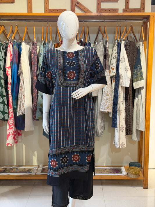 Indigo stripes Ajrakh hand block printed cotton straight kurti