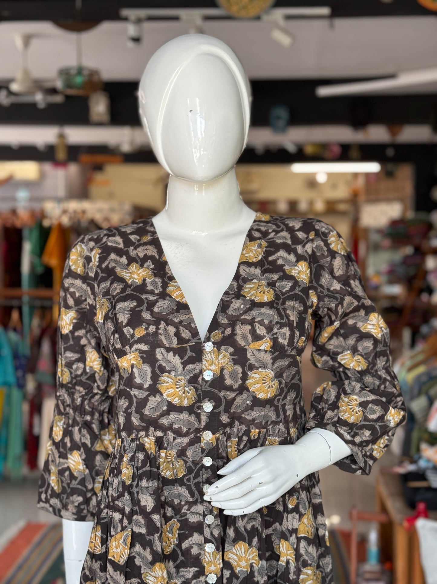 Charcoal mustard floral hand block printed deep v-neck cotton dress