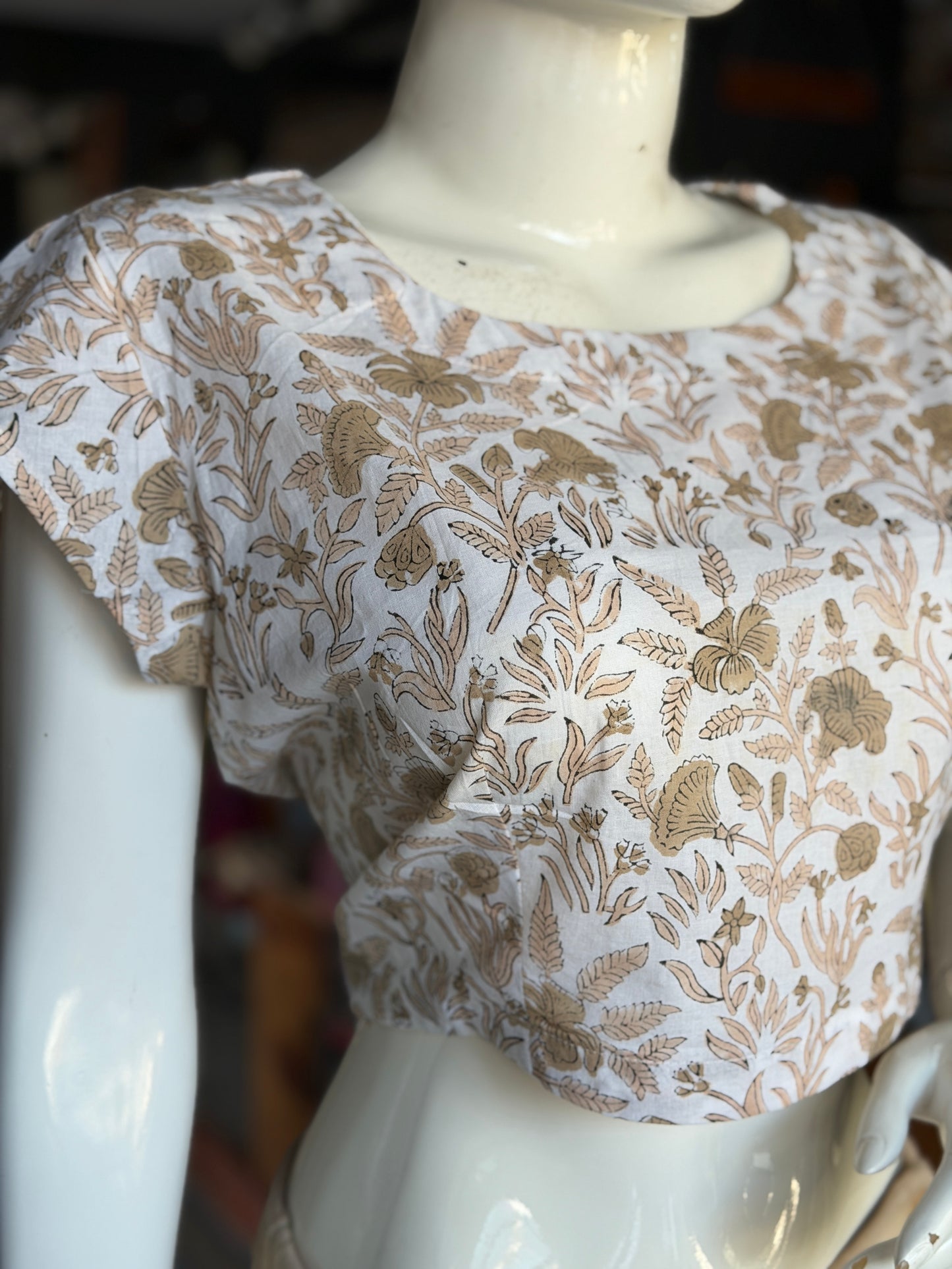 White and brown hand block printed cotton short top / blouse