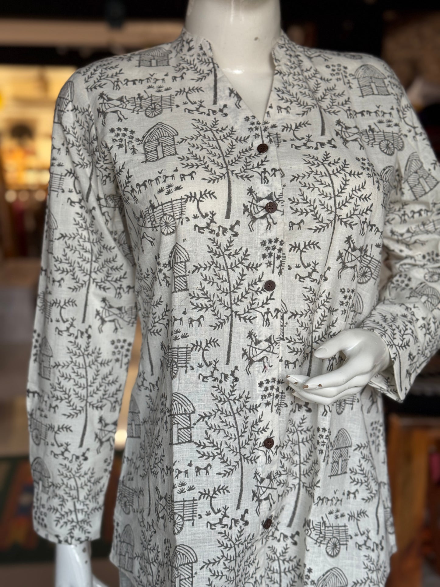 White, village theme print Chinese collared top with V-neckline - hand block printed, Hand spun, hand woven cotton
