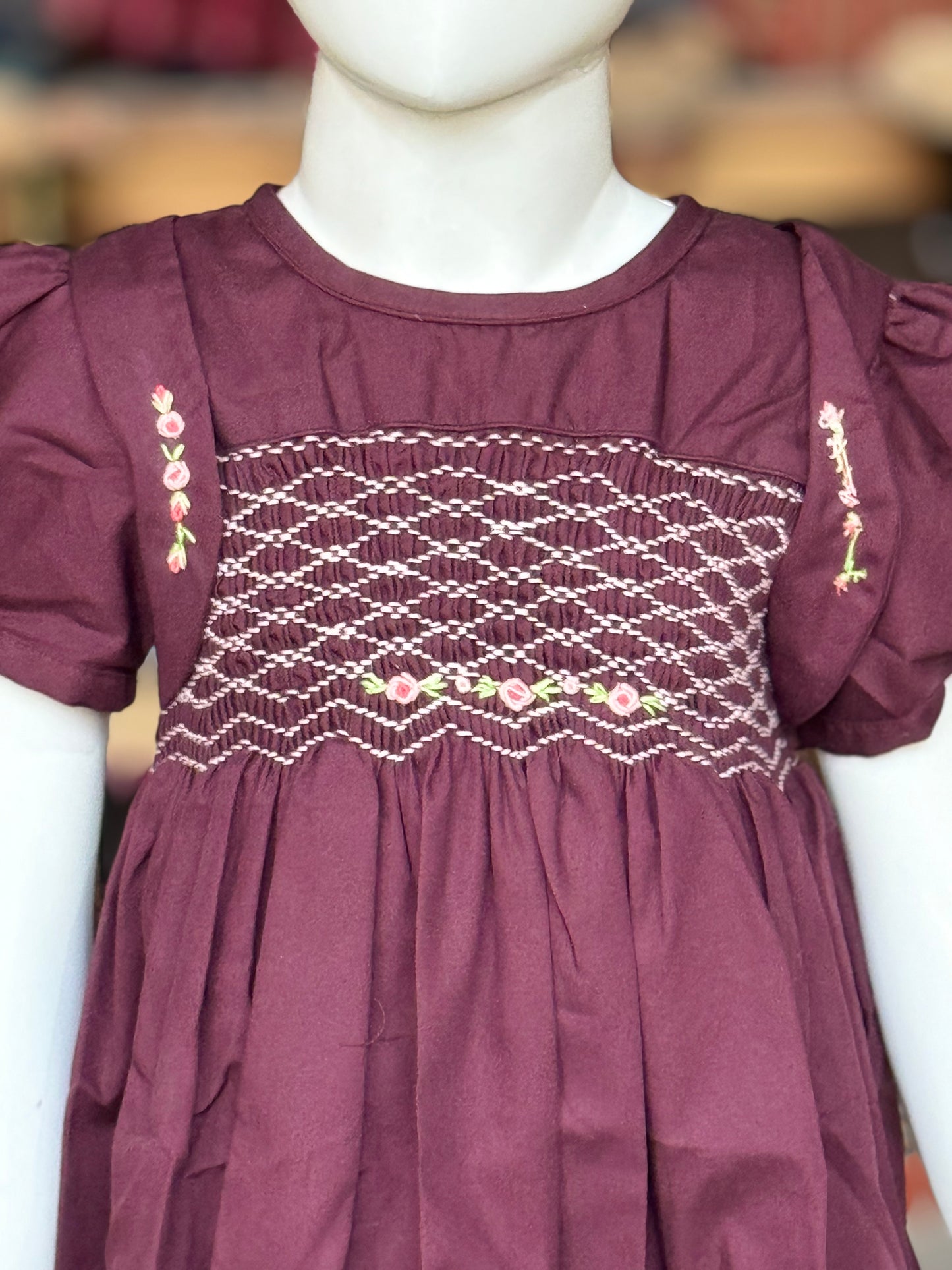 Wine shade cotton puff sleeves smocking frock with hand embroidery for little girls