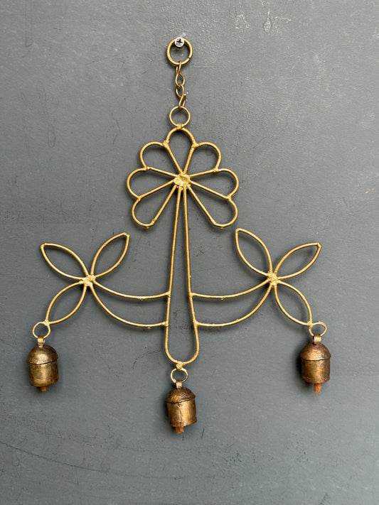 Flower handcrafted copper bell hanging with 3 bells