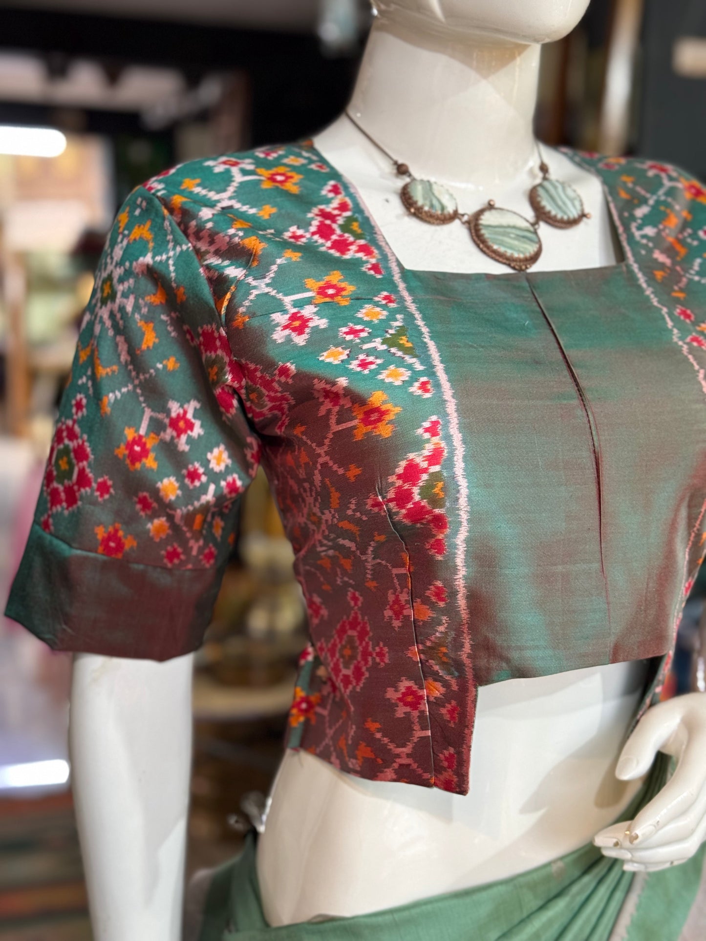 Green pure silk Ikat handloom elbow sleeves crop top / blouse