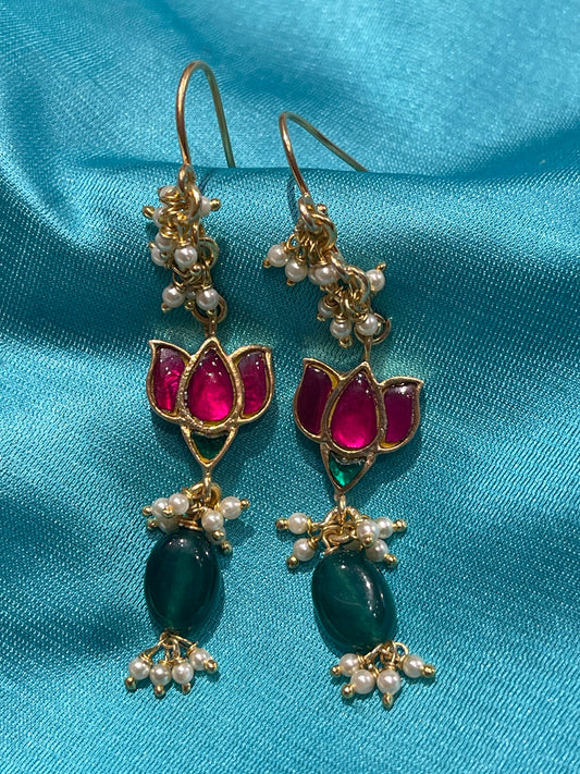 Pink and green stones lotus hooks with pearl drops - Gold polish 92.5 sterling silver