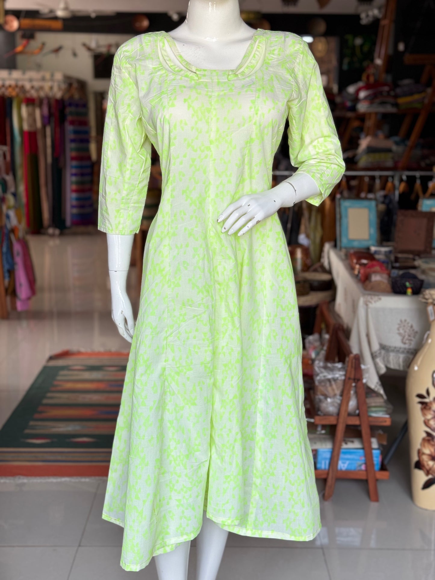 Green geometric hand block printed cotton dress with neck detailing