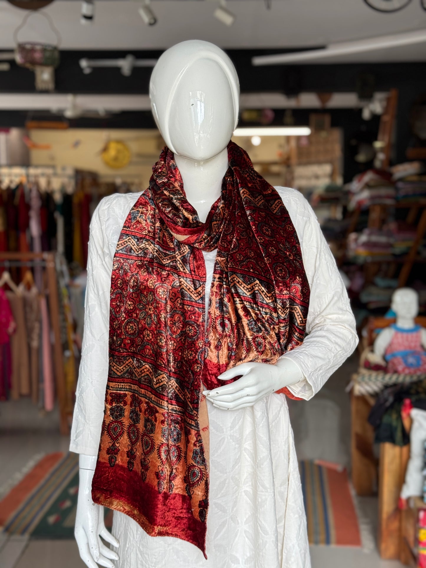 Luxurious Ajrakh hand block printed velvet stole