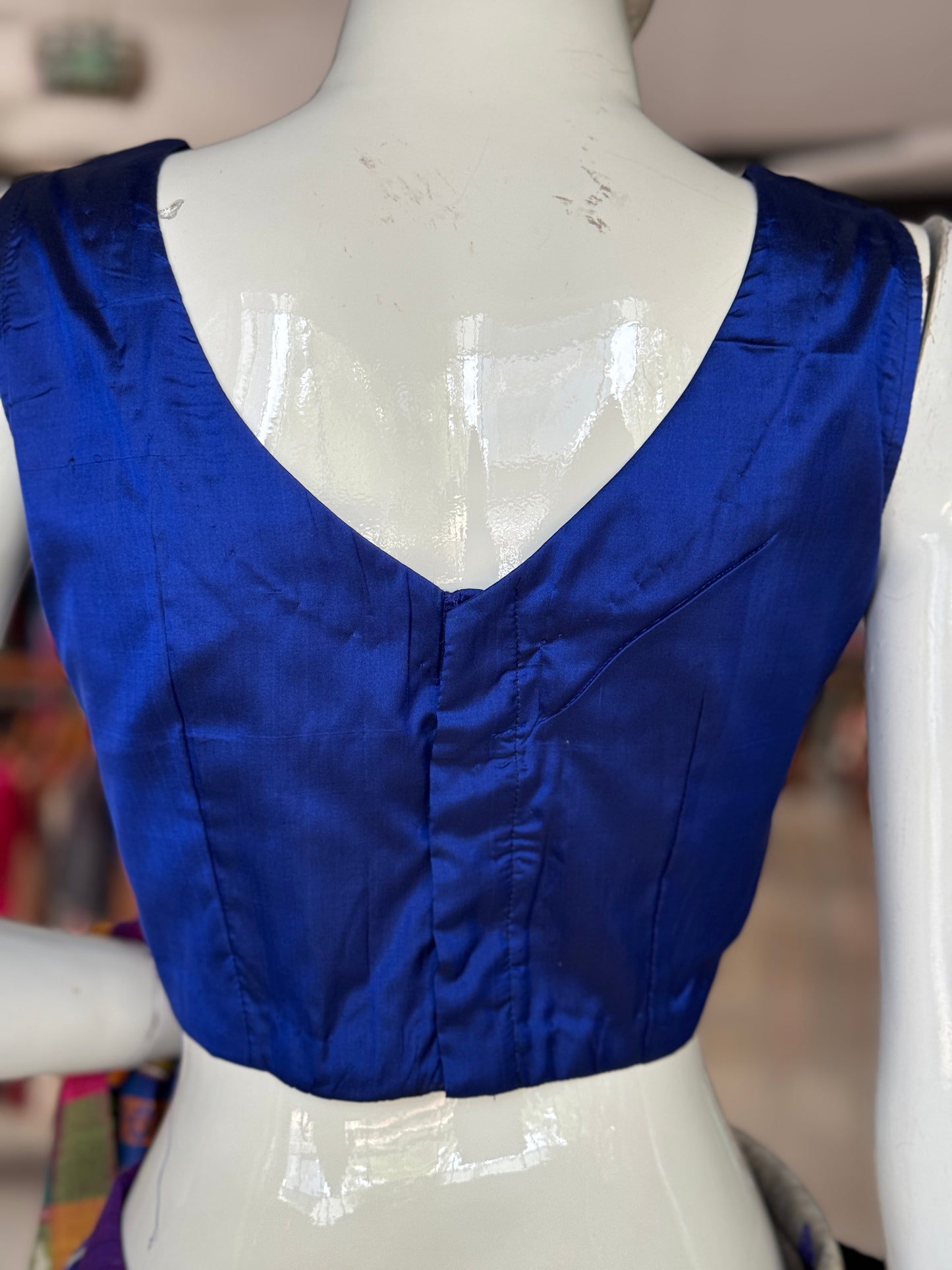 Royal blue plain pure silk handwoven sleeveless blouse