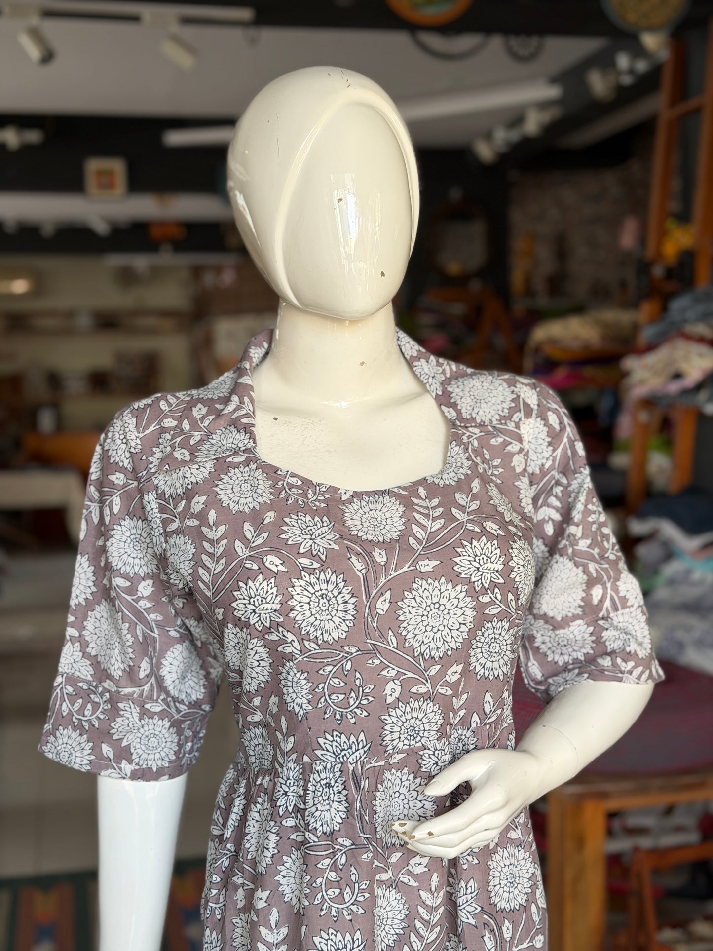 Brownish grey hand block printed cotton multi tiered dress with collared neck