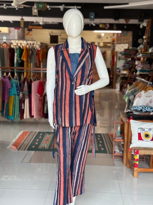 Red n blue stripes hand block printed collared cotton sleeveless gilet jacket and pants coord set