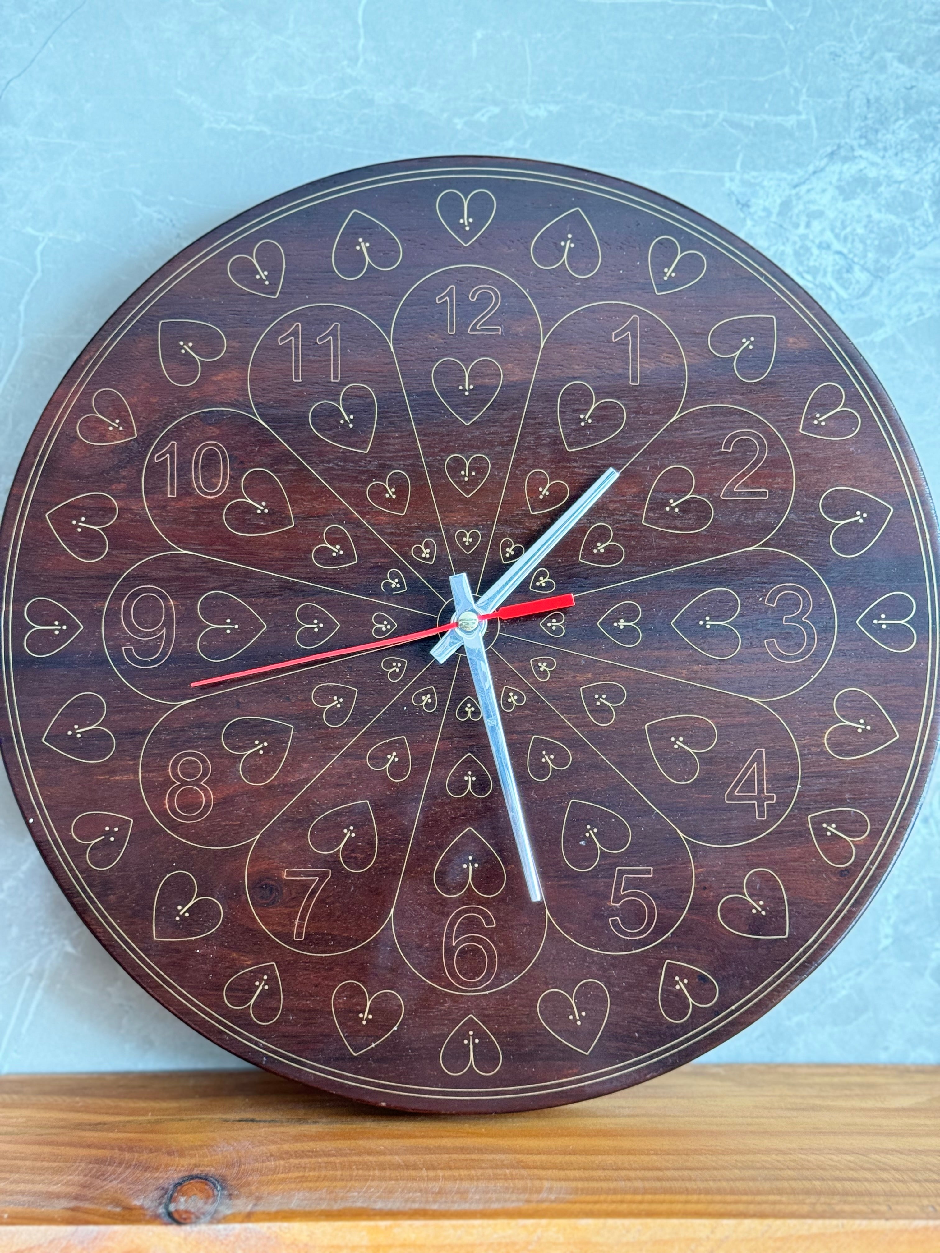 Clock Inlay Brass inlay wooden wall clock - 12 inches size with hearts design - tr ...