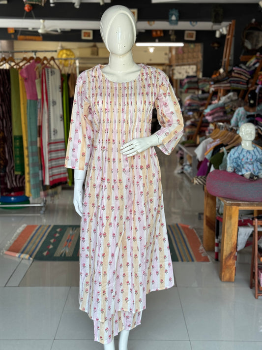 White stripes and flowers hand block printed cotton coord set - pintucks yoke