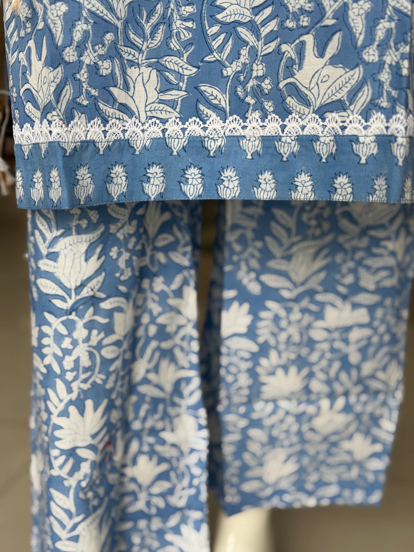 Blue floral hand block print flared kurti, pants and dupatta - 3 piece set with kota patch with dupatta