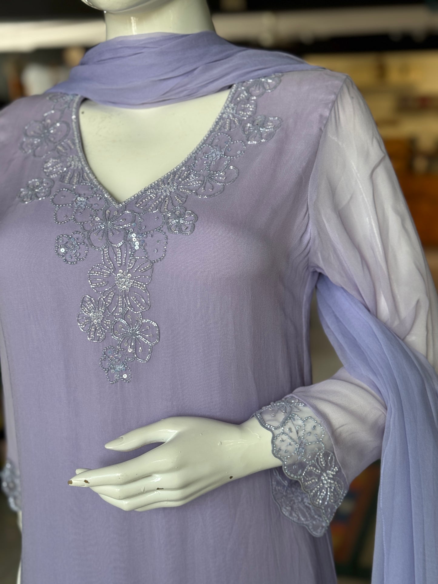 Soft georgette hand embroidered long sleeves kurti, georgette plazo and dupatta - 3 piece set - color options available