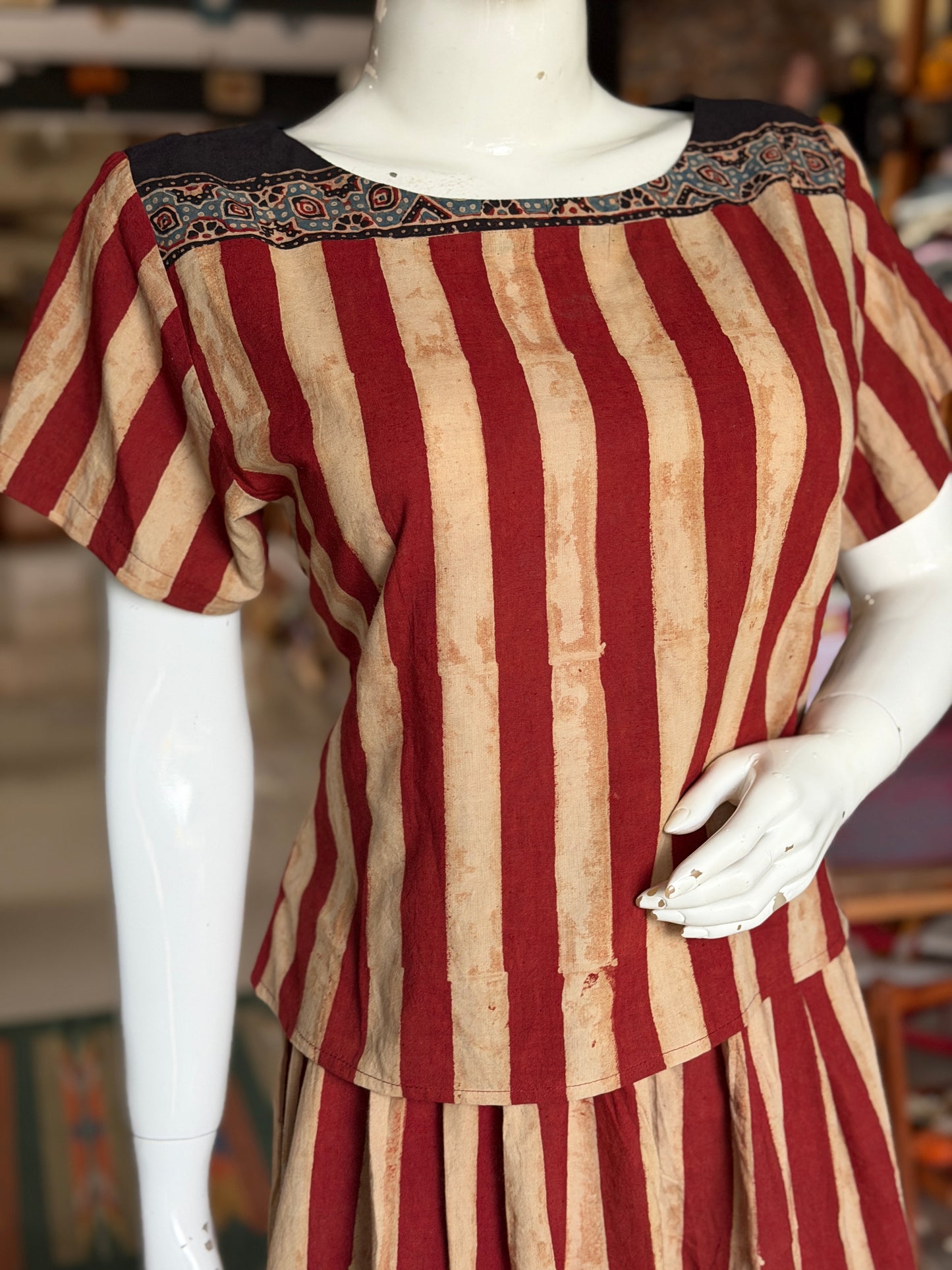 Maroon n beige stripes cotton coord set of skirt n top - Ajrakh hand block prints