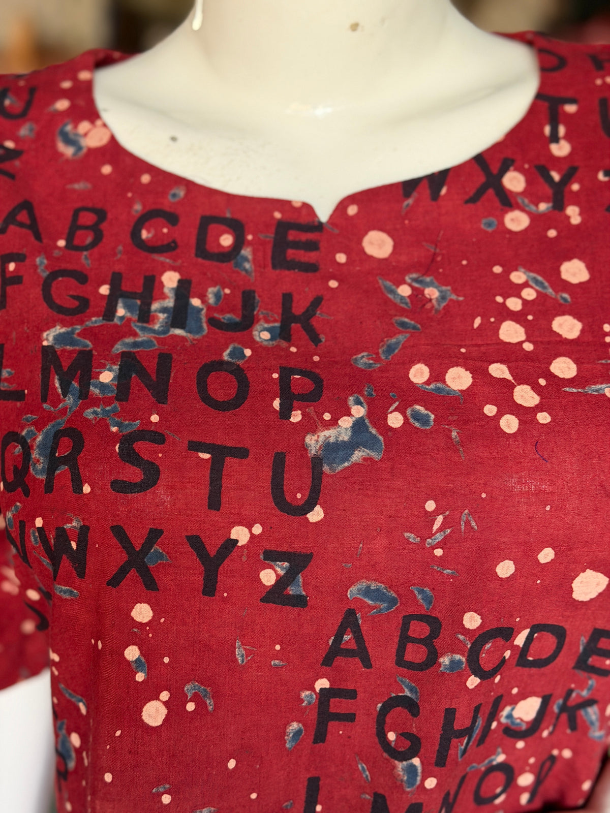 Maroon ABC alphabet Ajrakh hand block printed cotton dress with side Kantha cotton frills