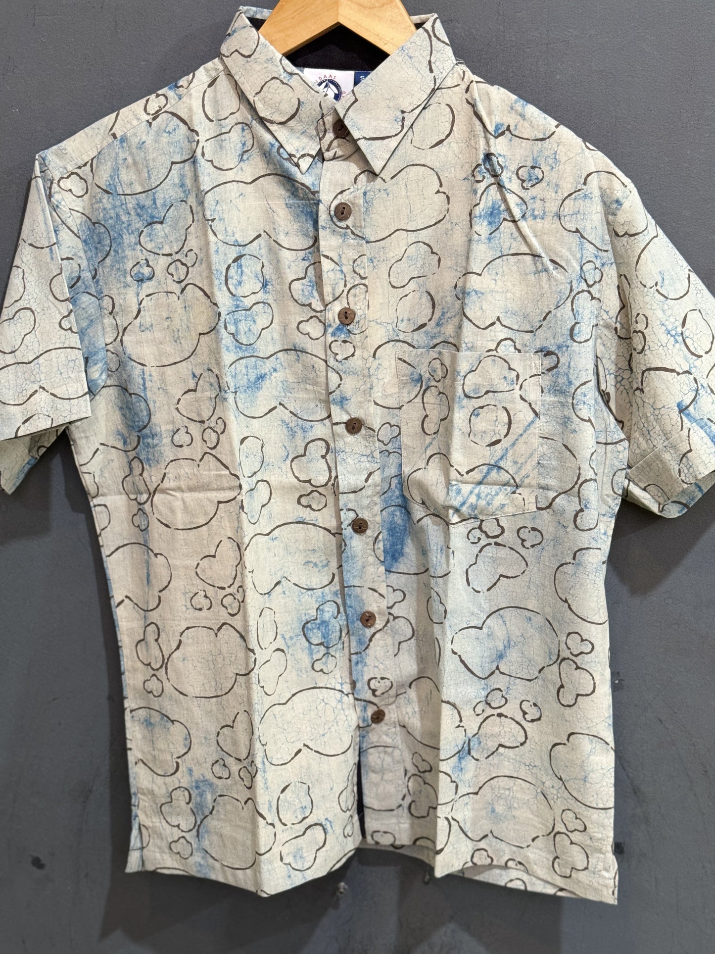 Off white clouds print half sleeves mens natural dye, hand block printed cotton shirt