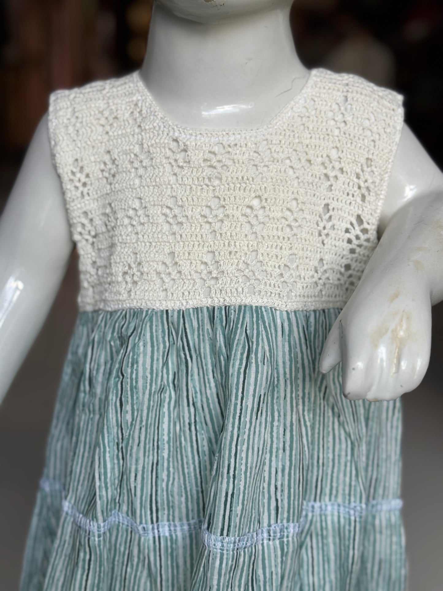 Tiered hand block printed cotton frock with crochet yoke for girls