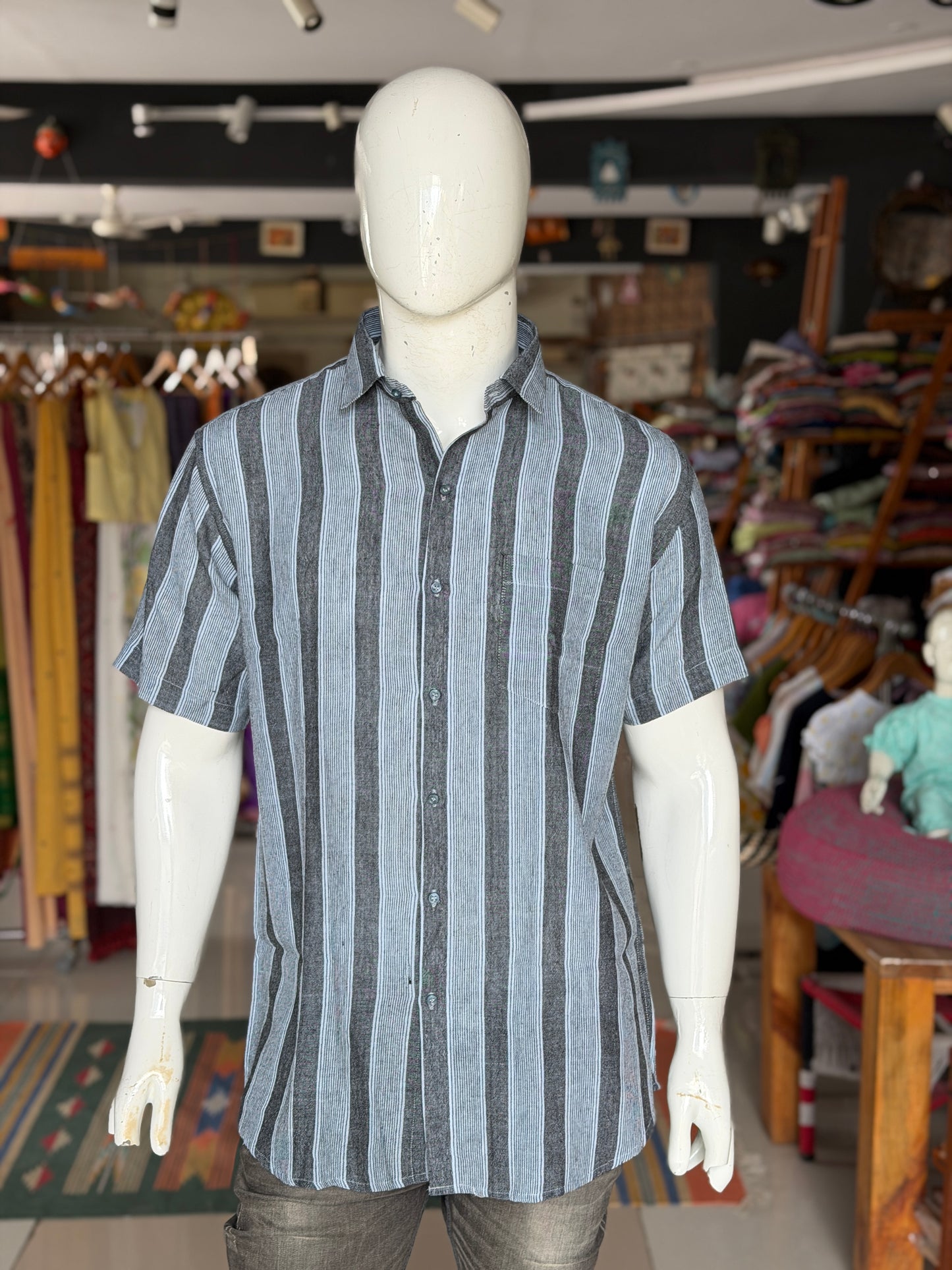 Navy blue stripes handwoven kala cotton half sleeves shirt for men - click to see sizes available