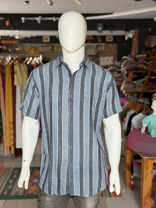 Navy blue stripes handwoven kala cotton half sleeves shirt for men - click to see sizes available
